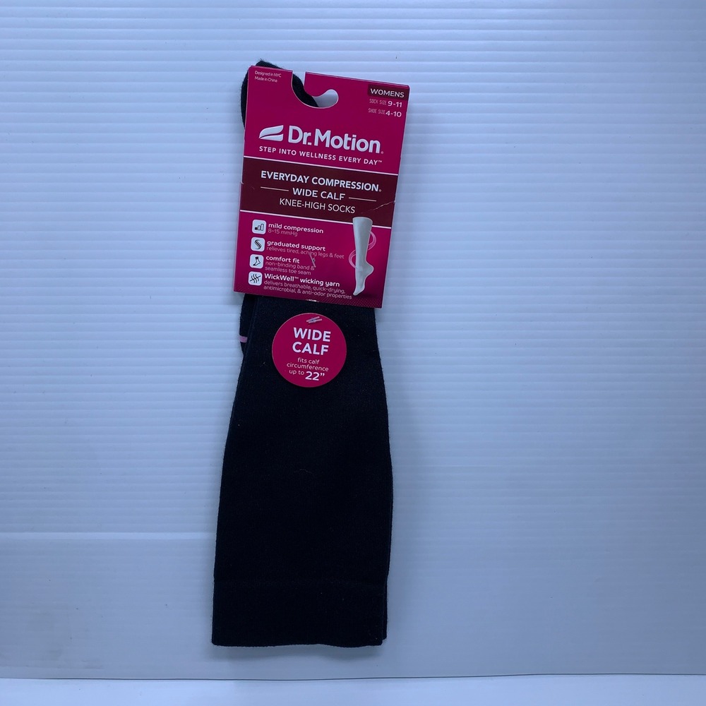 Dr Motion Womens 9-11 Black Wide Calf Everyday Compression Knee-High Socks ZL545